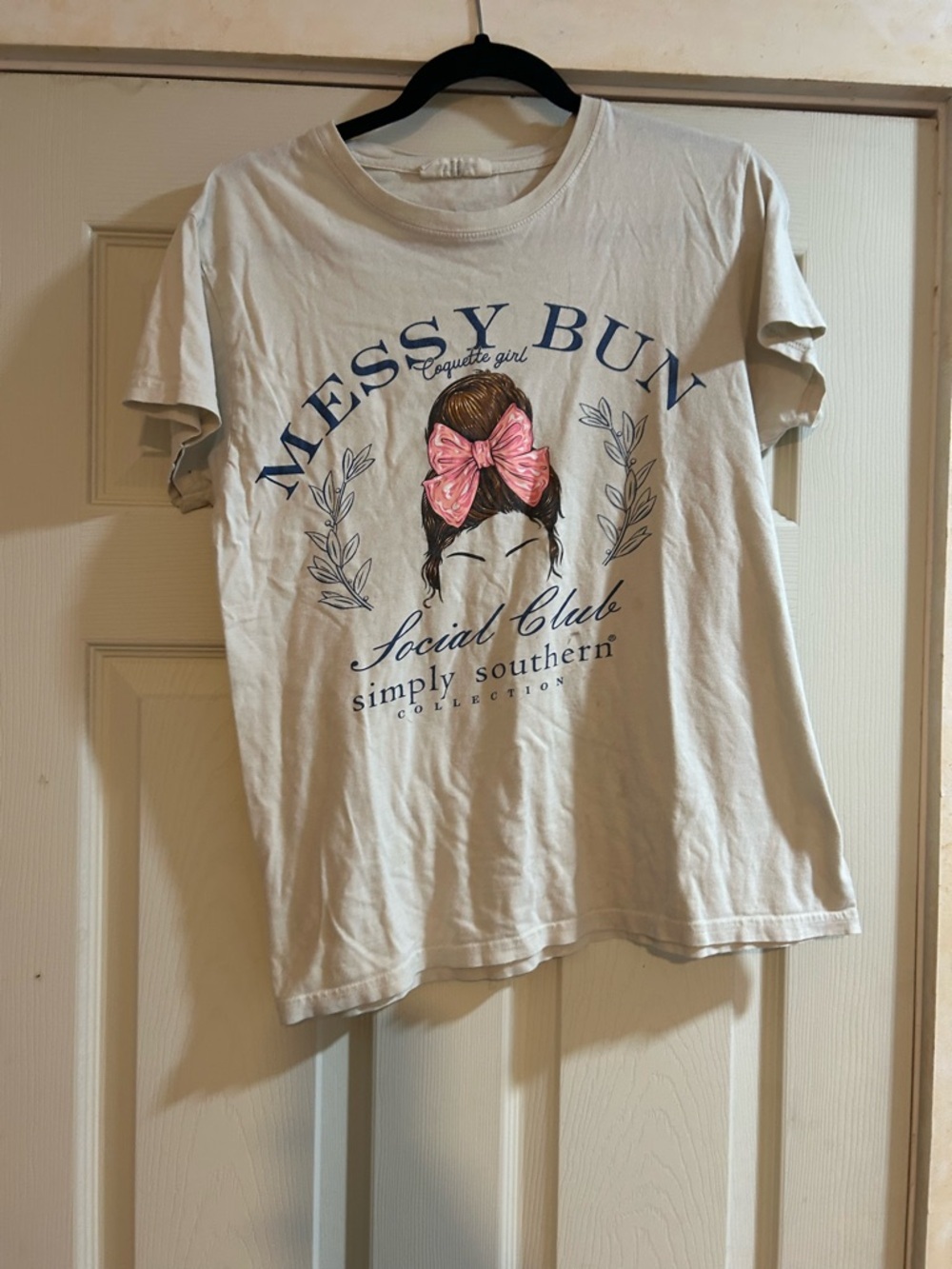 Simply Southern Cream Tee with Pink Bow Messy Bun Graphic